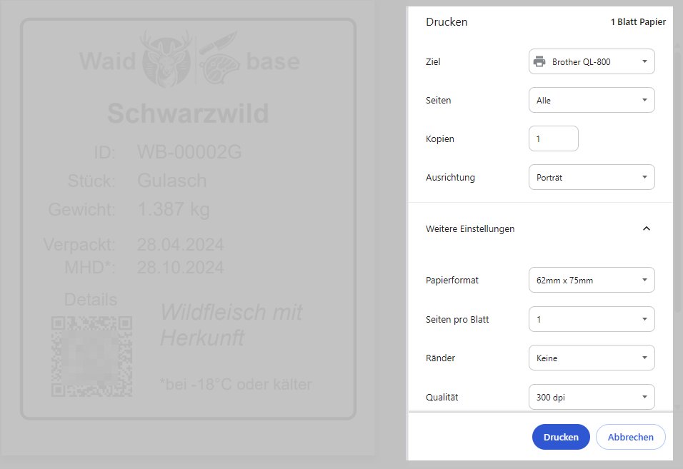 Druckeinstellung-Wildaufkleber Waidbase Brother QL 800