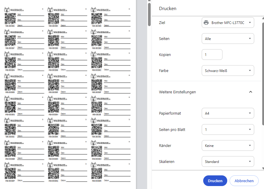 Druckeinstellung-Wildaufkleber Waidbase Laserdrucker